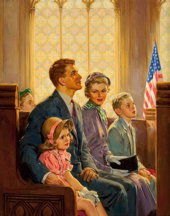 A painting depicting a white Christian family sitting in a pew at church, listening to a message. An American flag rests in the background illuminated by a shaft of light from one of the impressive windows.